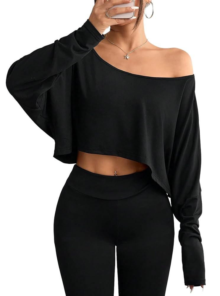 Hilinker Womens Off Shoulder Long Sleeve Crop Tops Sexy Boat Neck Loose Casual T Shirt | Amazon (US)