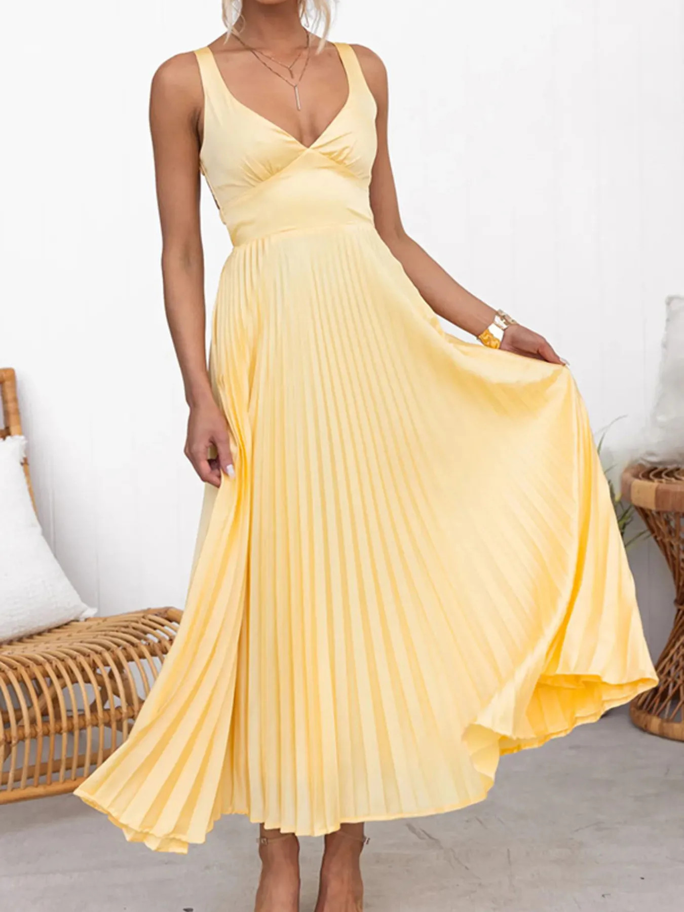 Marigold Pleated V-Neck Sleeveless Maxi Dress | Vanity Couture