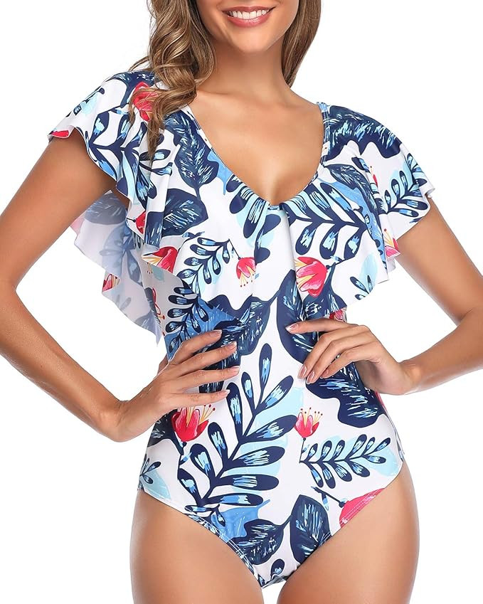 Tempt Me Women Ruffle One Piece Swimsuit Flounce Sleeve V Neck Tummy Control Bathing Suit for ... | Amazon (US)