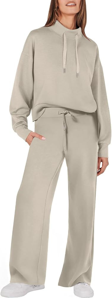 ANRABESS Womens 2 Piece Outfits Sweatsuit Set 2023 Fall Drawstring Sweatshirt Wide Leg Sweatpant ... | Amazon (US)