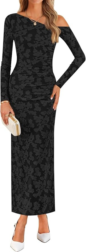 ZESICA Women's Fall Floral Off Shoulder Bodycon Maxi Dresses 2025 Long Sleeve Ruched Elegant Cock... | Amazon (US)