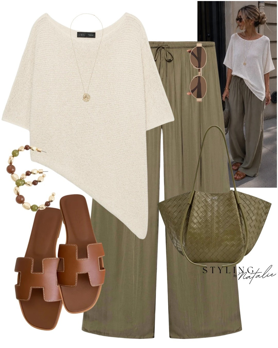 Casual chic summer style 🫒 - olive palazzo trousers, woven khaki bag,  Hermes slides, light knit asymmetric top. 
Everyday look, drawstring trousers, summer pants, summer outfit, holiday look, Zara outfit @Zara

#LTKsummer #LTKuk #LTKeurope