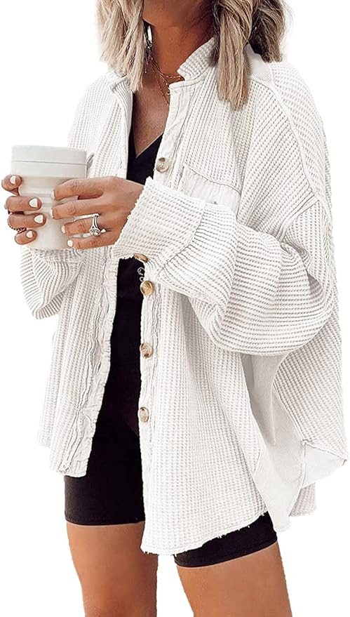 Yanekop Waffle Knit Button Down Shirt Womens Shacket Oversized Long Sleeve Shirt Jacket Trendy Ou... | Amazon (US)