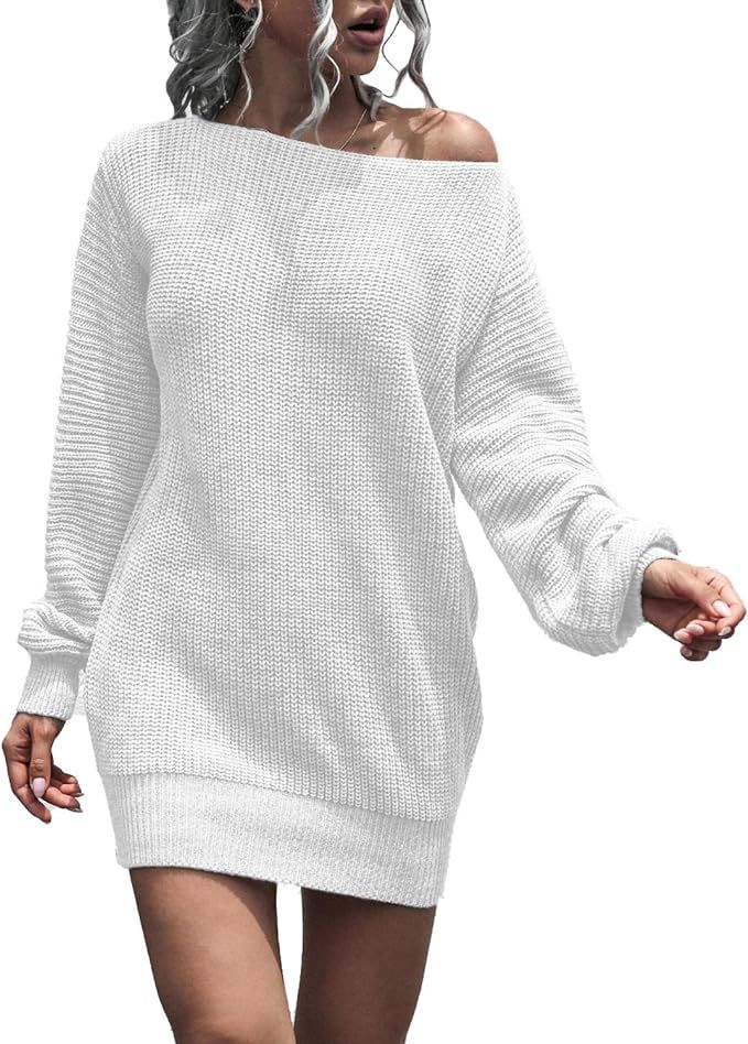 Schkleier Women's Pullover Sweater Dress Loose Knitted Puff Sleeve and Off-Shoulder, Warm and Chi... | Amazon (US)