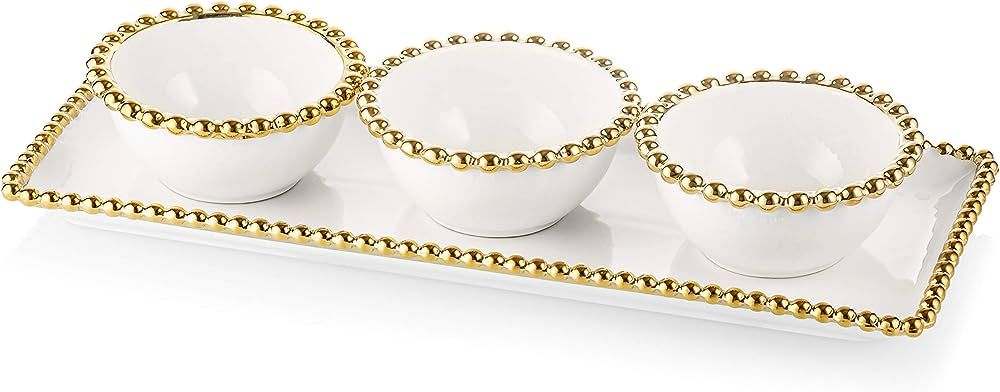 Classic Touch Decorium White Porcelain 3 Bowl Relish Dish and Tray with Gold Beaded Design on Edg... | Amazon (US)