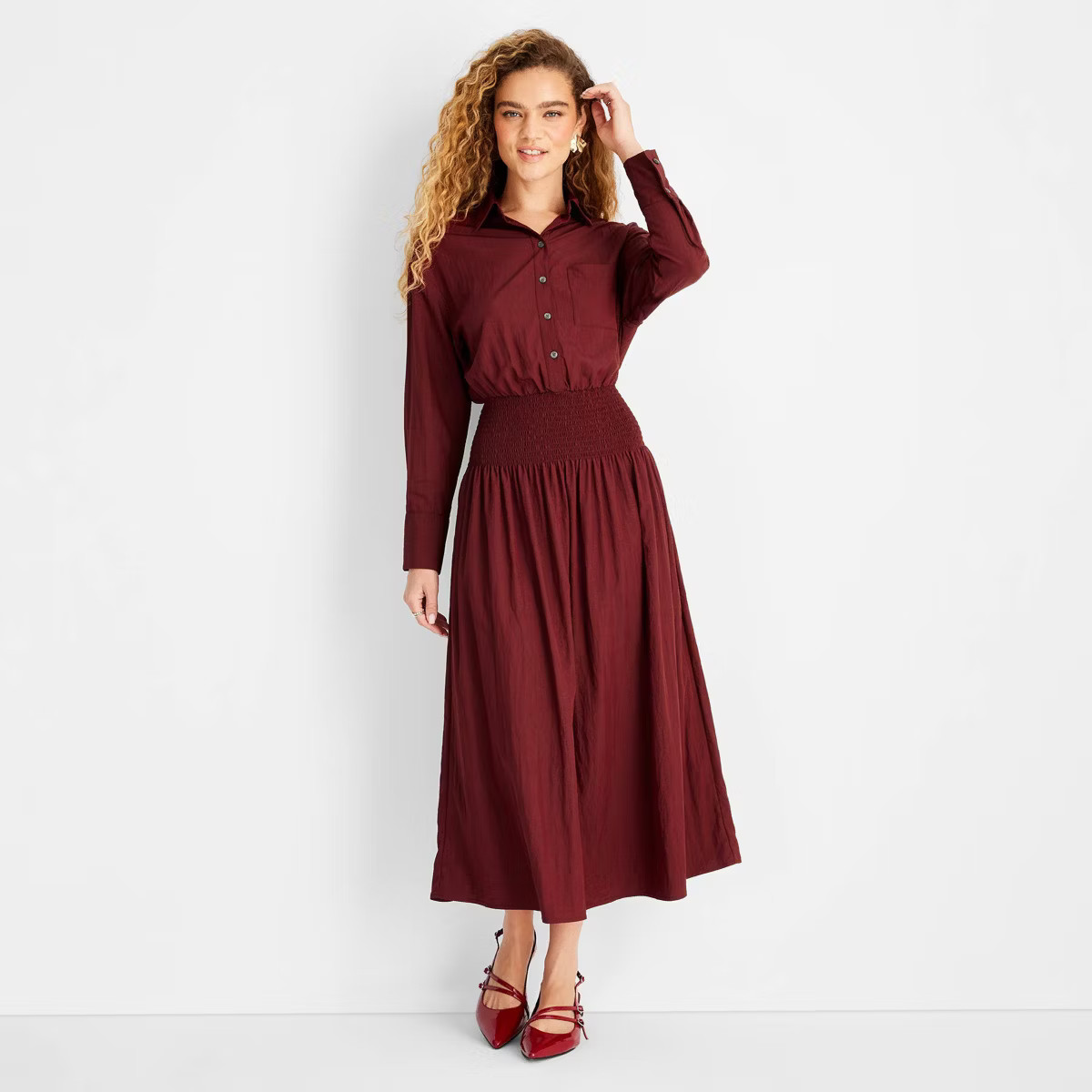 Women's Collared Long Sleeve Smocked Midi Shirtdress - Future Collective | Target