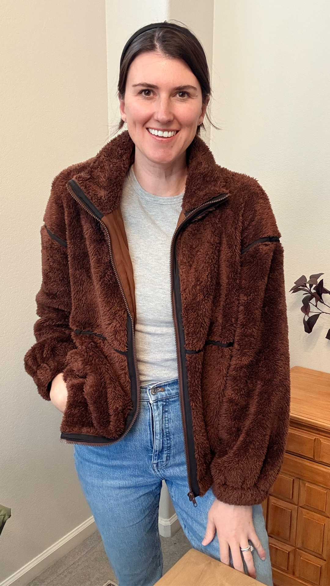 Full zip, fuzzy fleece jacket. I am wearing a large, which is a little bit oversized. Runs TTS

#LTKootd #LTKmomlife #LTKSeasonal