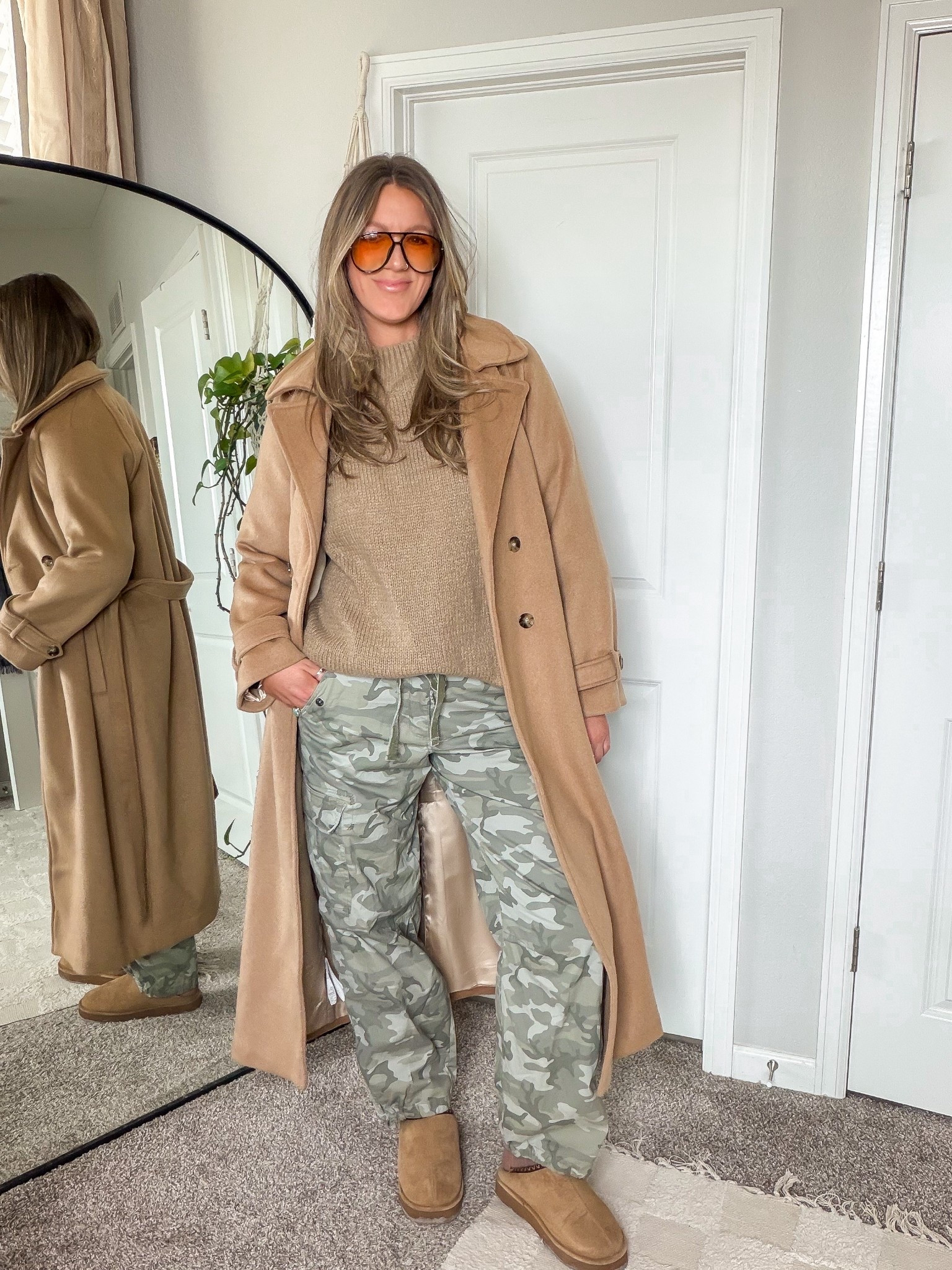 Large sweater, large tall coat, 30 long camo pants, 11 slippers 

#LTKTall #LTKOver40