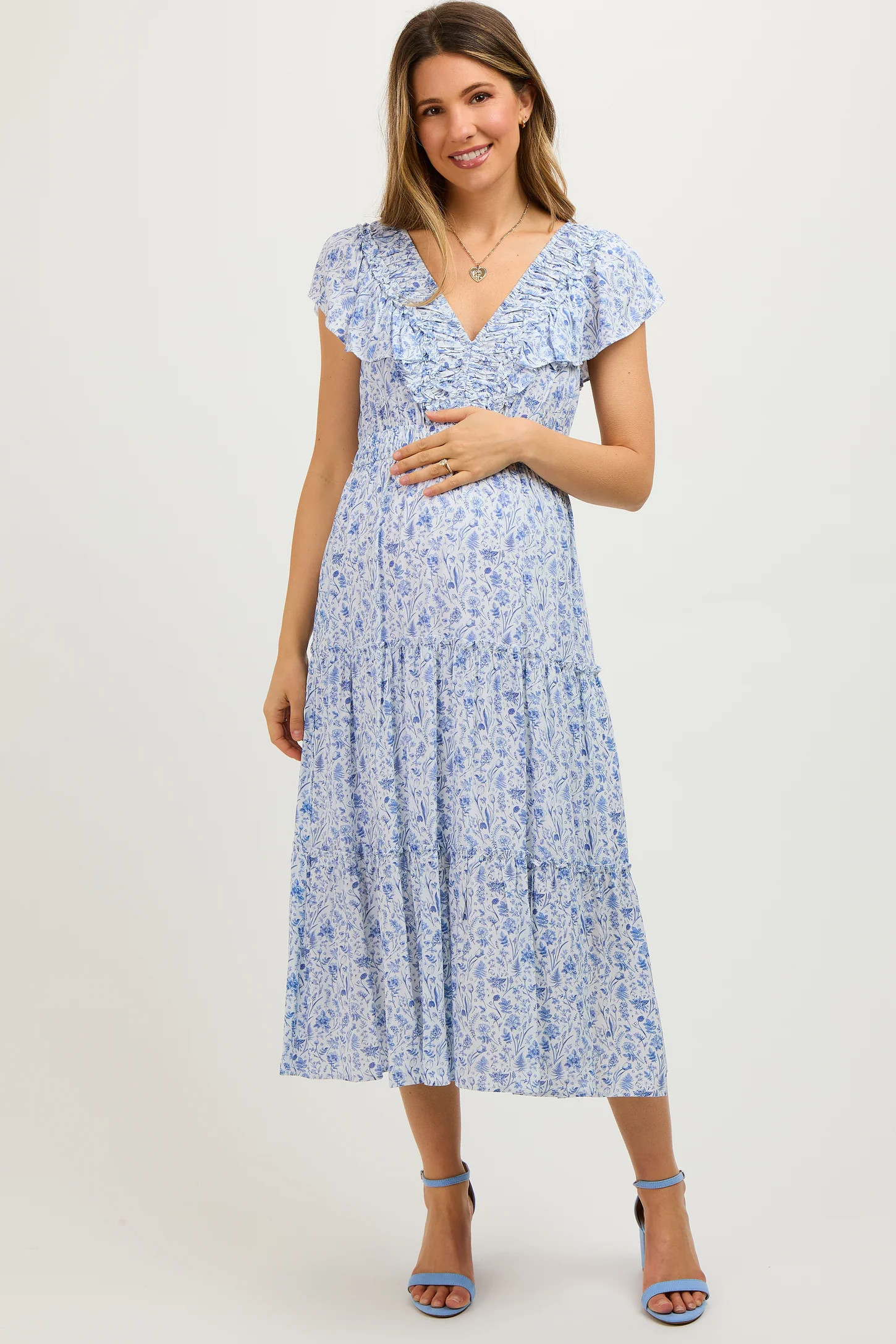 Blue Floral Front Ruched Ruffle Shoulder Tiered Maternity Midi Dress | PinkBlush Maternity
