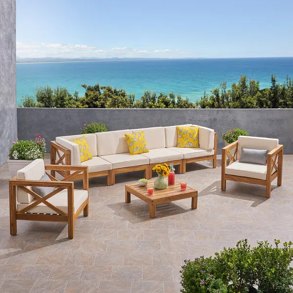 Brava Outdoor Acacia Wood 7-piece Chat Set by Christopher Knight Home | Bed Bath & Beyond