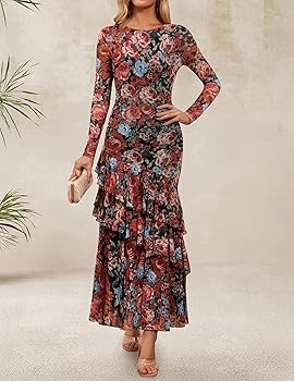 ZESICA Women's Fall Floral Wedding Guest Bodycon Dresses 2025 Long Sleeve Crewneck Mesh Ruffle Me... | Amazon (US)