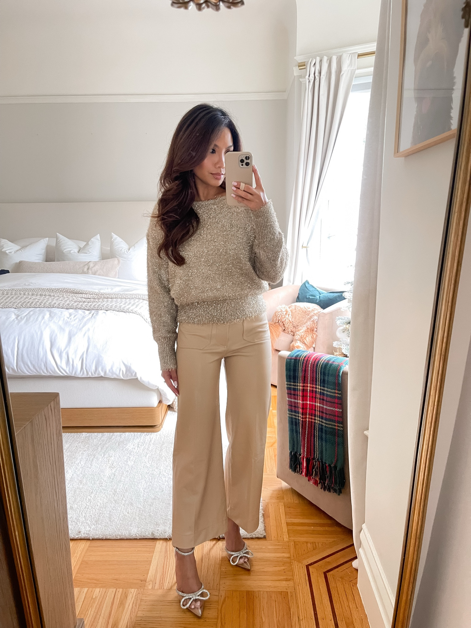 Anthro code!! Use code ANTHRO30 for 30% off your purchase and if you spend $200 you’ll get $50 emailed to you on 12/11

Sizing:
Top - tts, xs
Pants - tts, 25 
Heels - old, linked similar 