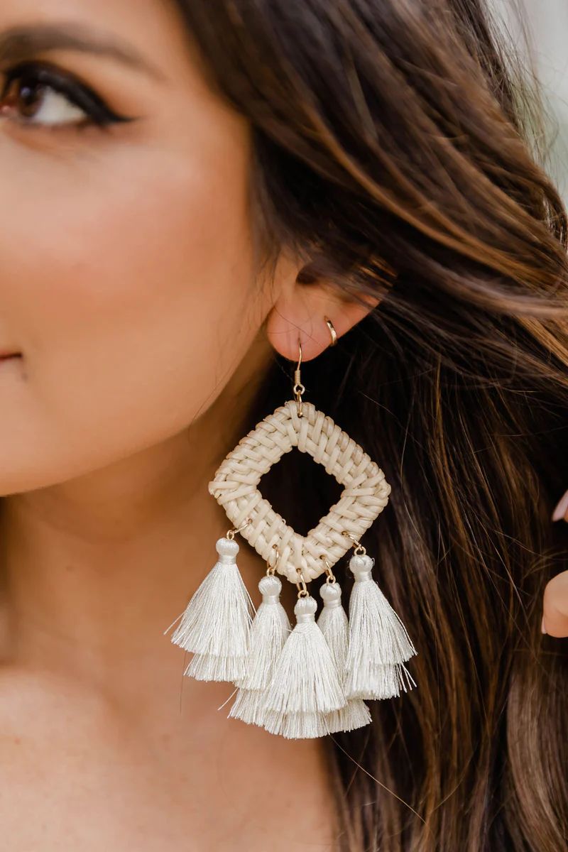 Happy Dream Rattan White Tassel Earrings | The Pink Lily Boutique