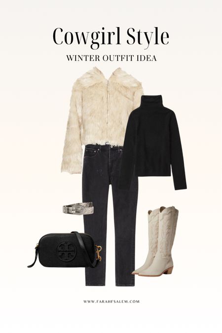 Chic western style outfit😍
Fur jacket, black denim, cowboy boots, western style brlt

#LTKSeasonal #LTKstyletip