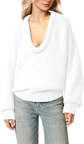 Livtany Women’s Oversized Ribbed Deep V Neck Sweater Long Sleeve Drop Shoulder Pullover Top Cas... | Amazon (US)