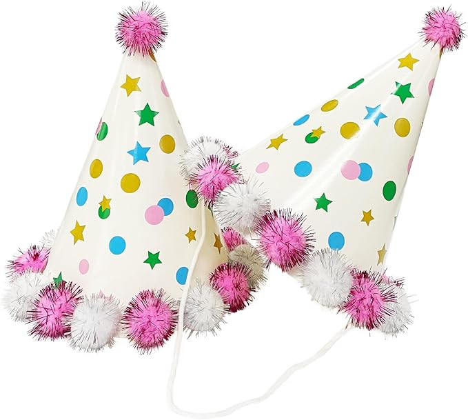 TSJ 10 PCS Birthday Party Hats Paper Cone Hats Plush Ball Happy Birthday Caps for Kids Adults | Amazon (US)