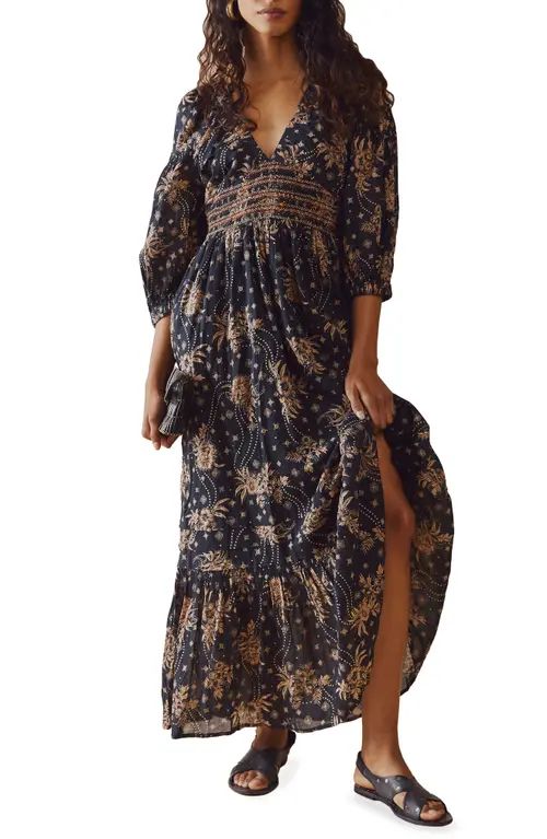 Free People Golden Hour Smocked Bodice Cotton Maxi Dress in Black Combo at Nordstrom, Size X-Small | Nordstrom