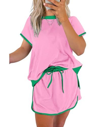 SELINK Lounge Sets for Women 2 Piece Skirt Colorblock Drop Shoulder T Shirt and Skort Set Summer ... | Amazon (US)