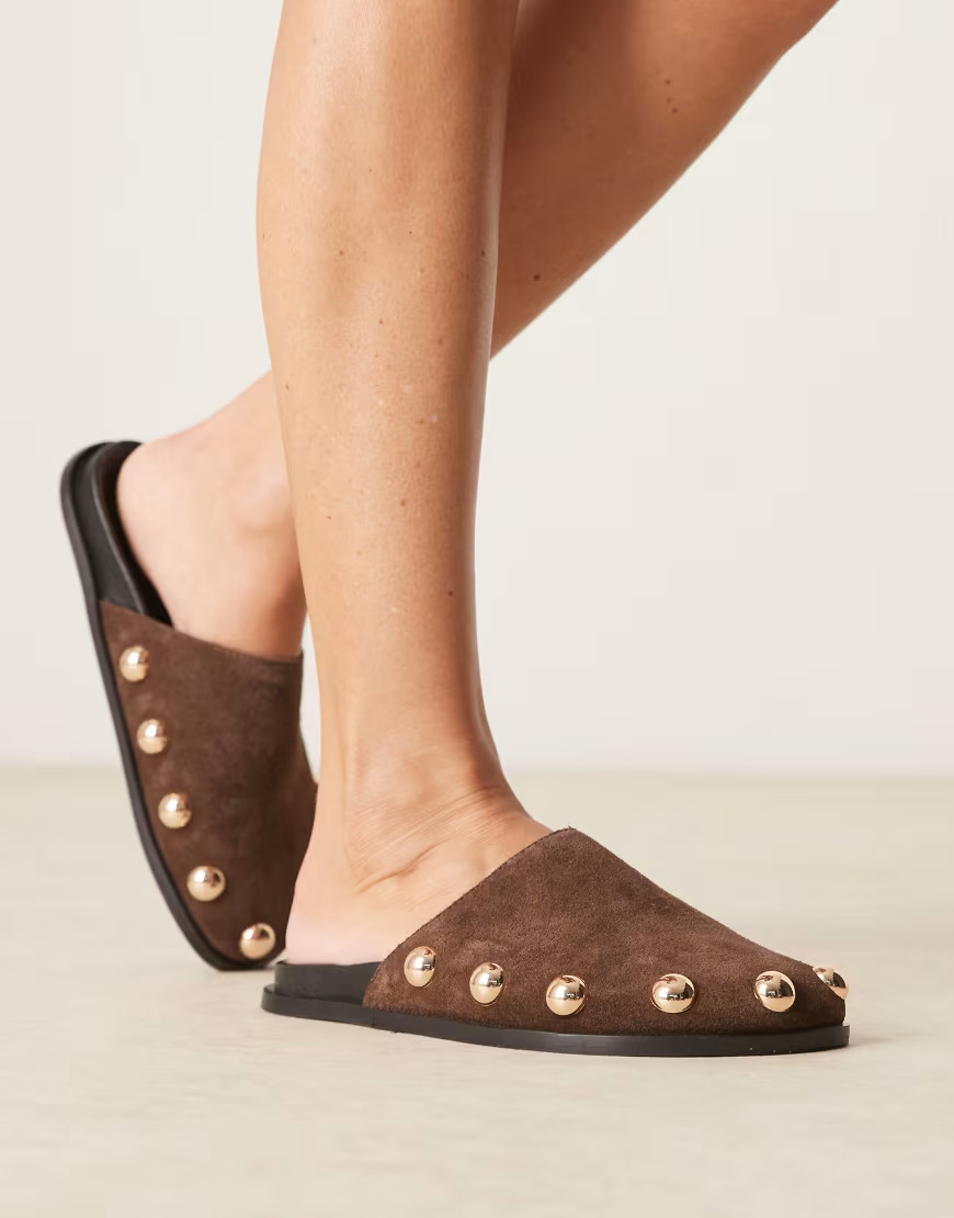 ASOS DESIGN Motion leather flat mule in brown suede-Multi | ASOS (Global)