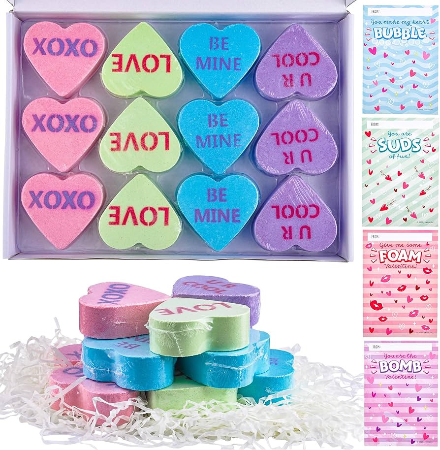 JOYIN 12 Packs Valentine’s Day Heart Shape Bath Bomb with Cards for Kids Valentine Party Favors, Valentine Gifts, Valentine’s Greeting Cards, Heart Soap Valentines Day Gift for Her | Amazon (US)