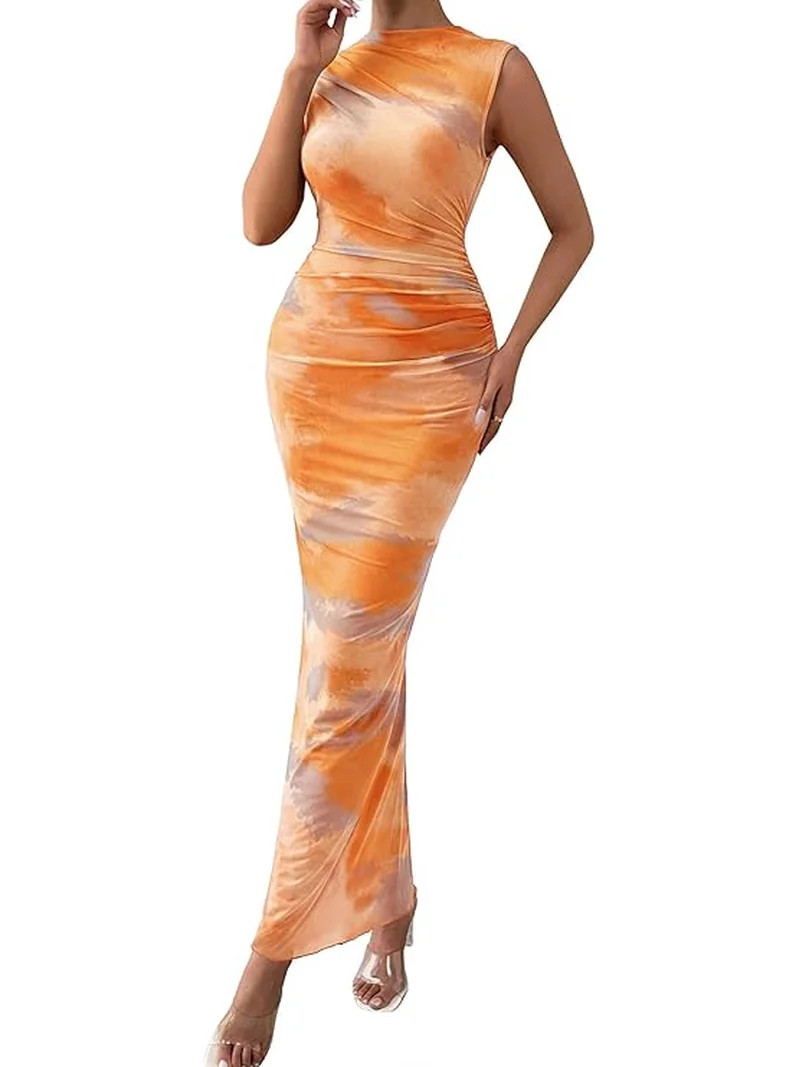 PRETTYGARDEN Summer Dresses for Women Sleeveless Bodycon Maxi Spring Mock Neck Tie Dye Mesh Cockt... | Walmart (US)