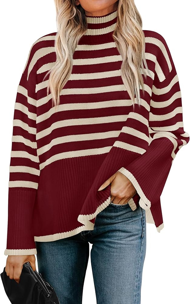 ZESICA Women's Winter Sweaters Casual Turtleneck Long Sleeve Striped Side Slit Loose Pullover Swe... | Amazon (US)