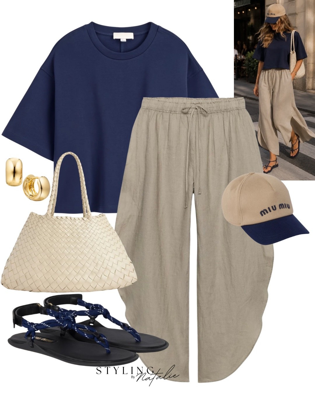 Cool girl casual summer- Navy boxy t-shirt, 100% linen flowy vented trousers, two tone Miu Miu cap, rope sandals, woven tote bag and gold earrings. 
Comfy casual, Zara, summer outfit

#LTKsummer #LTKuk #LTKeurope
