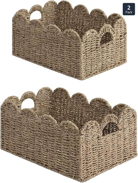 StorageWorks Scalloped Edge Wicker Basket, Hand-woven Rattan Baskets with Built-in Handles, Seagr... | Amazon (US)