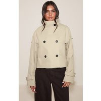 Beige Double Breasted Funnel Neck Cropped Trench Coat | PrettyLittleThing US