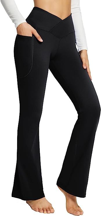 BALEAF Women's Flare Leggings, Trendy Crossover Yoga Pants, High Waist Casual Workout Bell Bottom Le | Amazon (US)