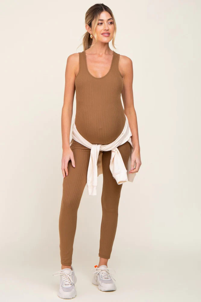 Mocha Ribbed Bodycon Maternity Jumpsuit | PinkBlush Maternity