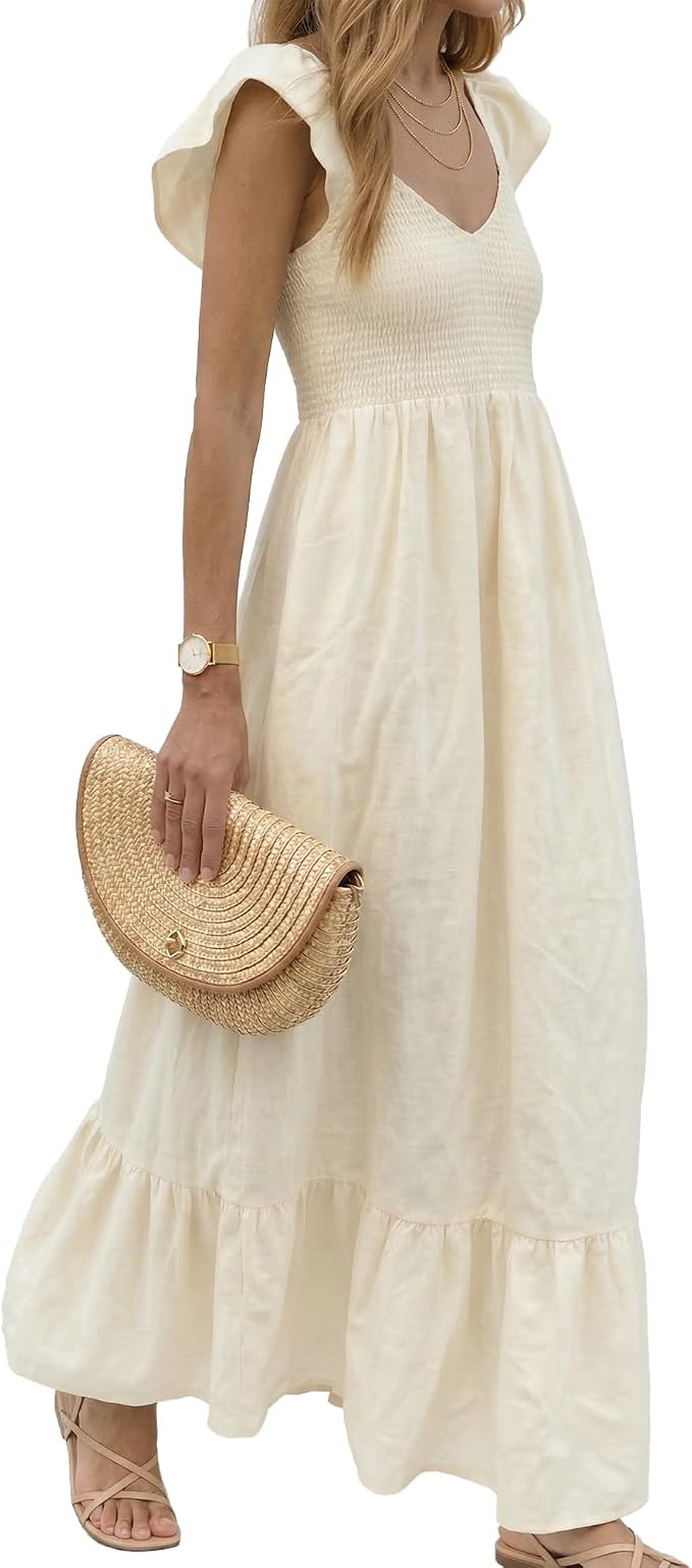 Linen Maxi Dress for Women,Smocked V Neck Flutter Sleeve Tiered Boho Beach Sundress with Pockets ... | Amazon (US)