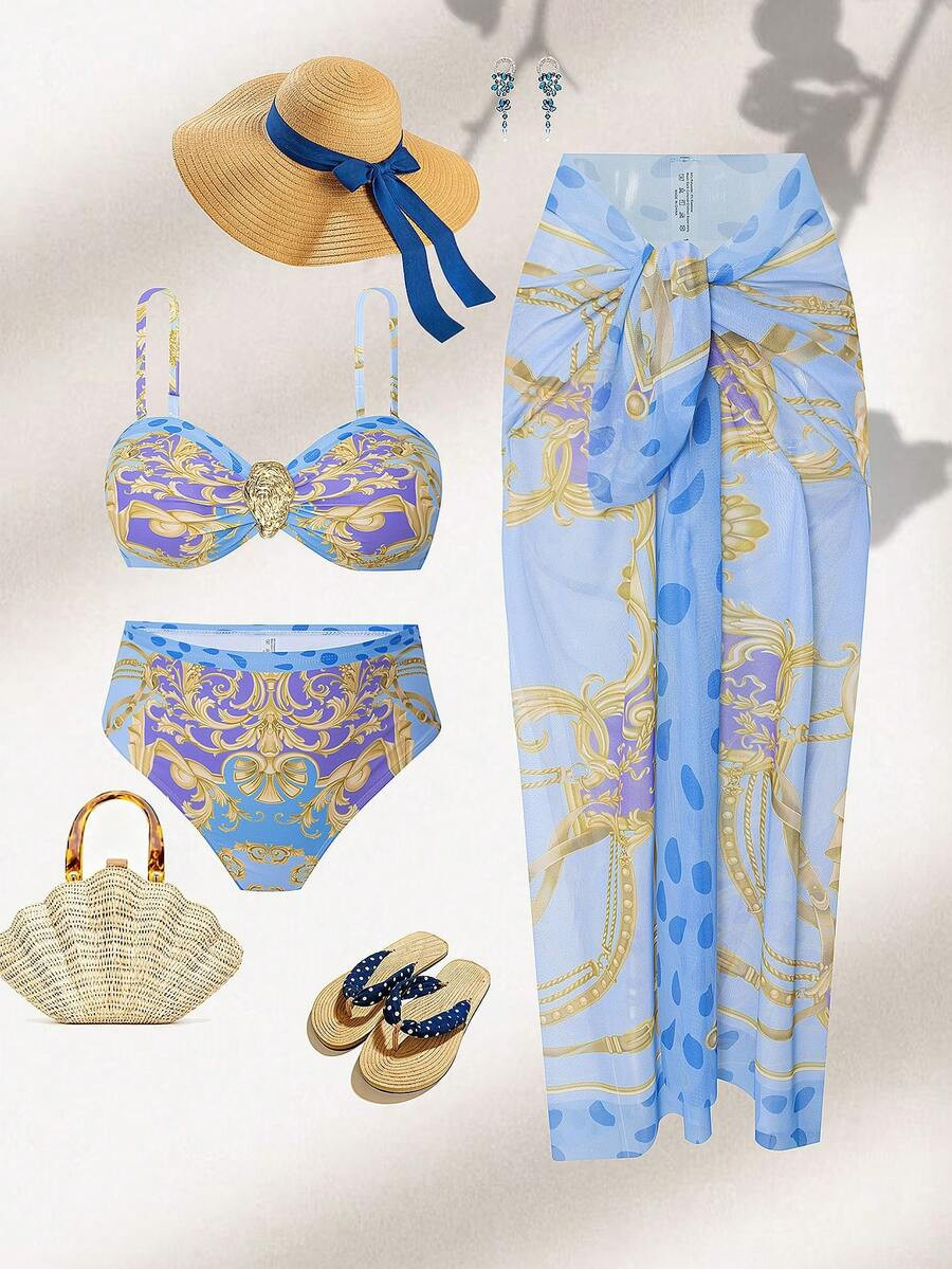 Swim Oasis 2026 Hot Selling Plus Size 3-Piece Set: Floral Print Bandeau Top, High Waist Adjustabl... | SHEIN