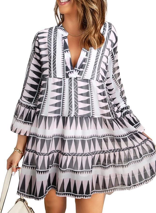Dokotoo Women Dress Fashion Geometric Pattern Ruffle V Neck Flared Long Sleeve Mini Dress Casual ... | Amazon (US)
