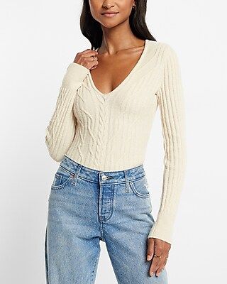 Cable Knit Deep V-neck Sweater Thong Bodysuit | Express