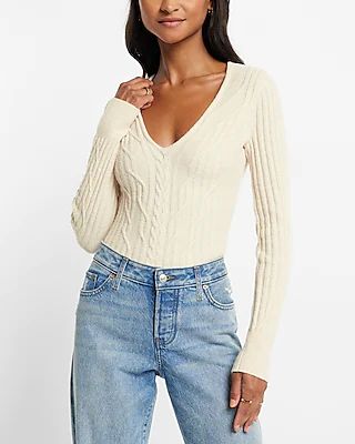 Cable Knit V-neck Sweater Thong Bodysuit | Express