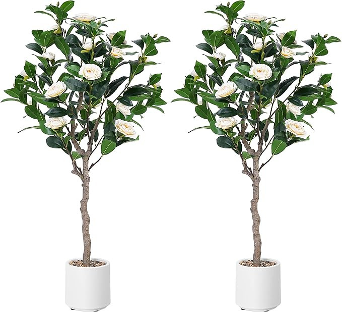 Artificial Camellia Tree 4ft, 2 Pack Indoor Fake Plant with Realistic Trunk, Leaves, Flowers and ... | Amazon (US)