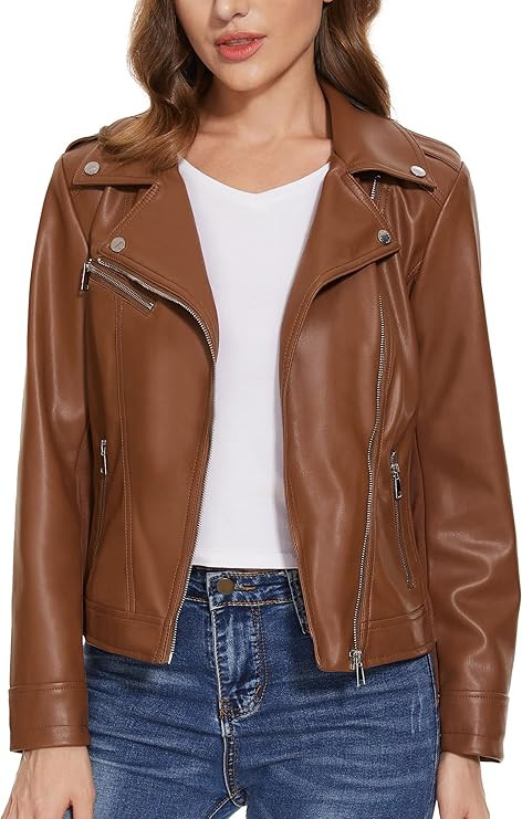 Fahsyee Women's Leather Jackets, Faux Motorcycle Plus Size Moto Biker Coat Short Lightweight Vega... | Amazon (US)