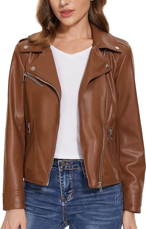 Fahsyee Women's Leather Jackets, Faux Motorcycle Plus Size Moto Biker Coat Short Lightweight Vega... | Amazon (US)