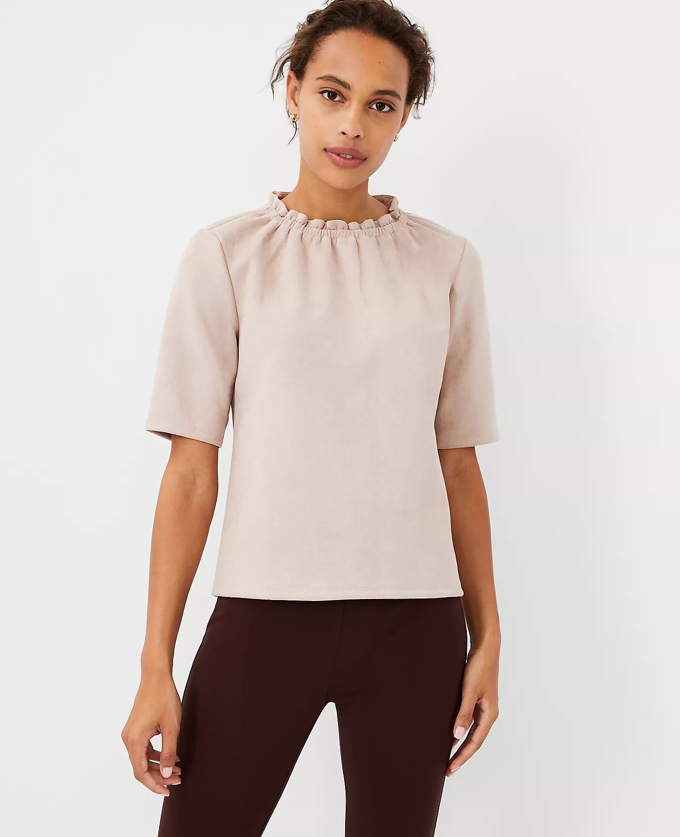 Petite Faux Suede Ruffle Neck Top | Ann Taylor (US)