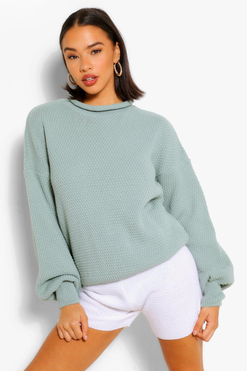 Womens Balloon Sleeve Oversized Sweater - Green - S/M | Boohoo.com (US & CA)