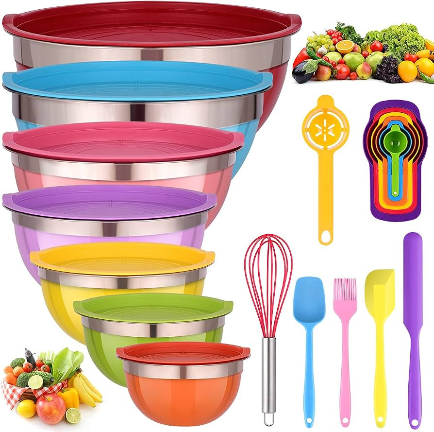 Mixing Bowls with Lids for Kitchen - 26 PCS Stainless Steel Nesting Colorful Mixing Bowls Set for... | Amazon (US)
