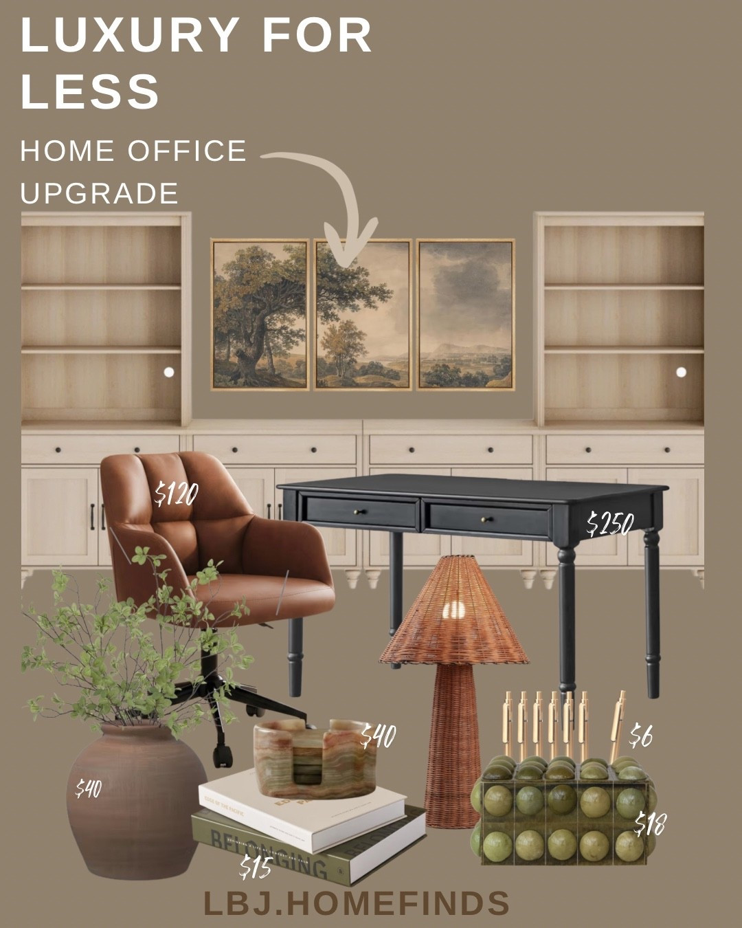 Creating a luxury looking home office doesn’t have to mean spending thousands. These designer-inspired office finds are all affordable pieces that elevate your workspace instantly.

This Luxury for Less home office setup includes:

• Cognac leather desk chair – modern and comfortable
• Classic black writing desk – timeless and versatile
• Neutral wood bookcases for built-in style storage
• Vintage inspired wall art set
• Woven table lamp for warm lighting
• Decorative accents and neutral home decor pieces

Perfect for creating a cozy, elevated work-from-home space on a budget.

Everything is linked in my LTK storefront.

#homeofficefinds #luxuryforless #homeofficeideas #affordabledecor #homefinds #neutralhome #workfromhomeoffice #ltkhome