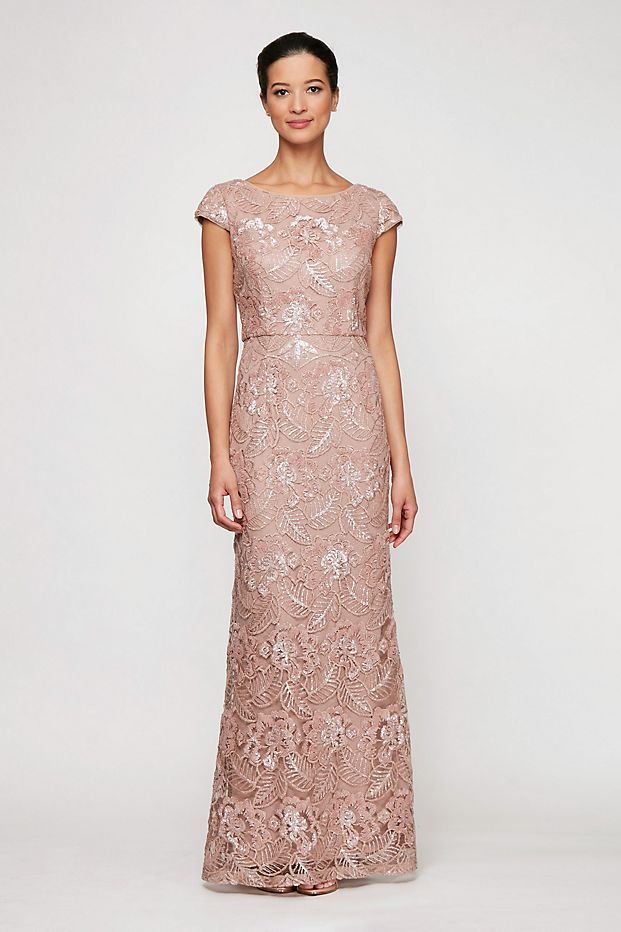 Cap Sleeve V-Back Embroidered Sequin Sheath Dress | Davids Bridal