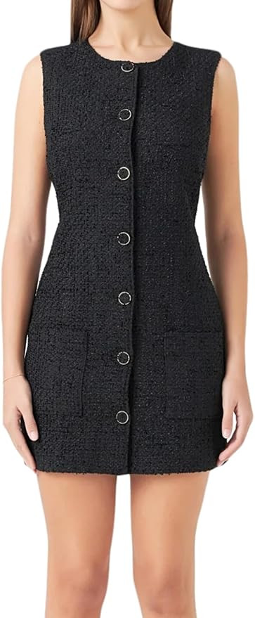 Tweed Dress Woman Sleeveless Bodycon Jackie O Dresses Crew Neck Elegant Button Down Mini Dress | Amazon (US)