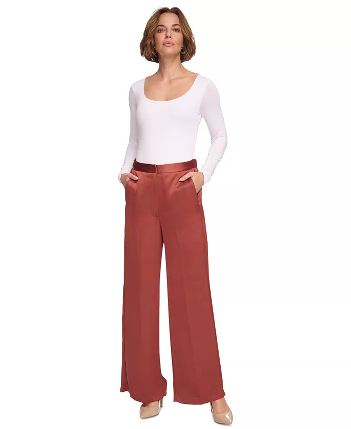 Women's Satin Mid-Rise Wide-Leg Pants | Macy's