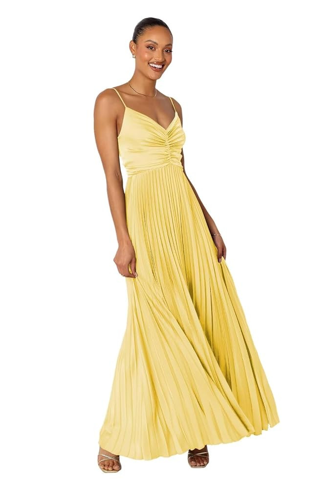 Satin V Neck Bridesmaid Dresses with Pleated Long Maxi Dress Aline Formal Evening Gowns PU290 | Amazon (US)