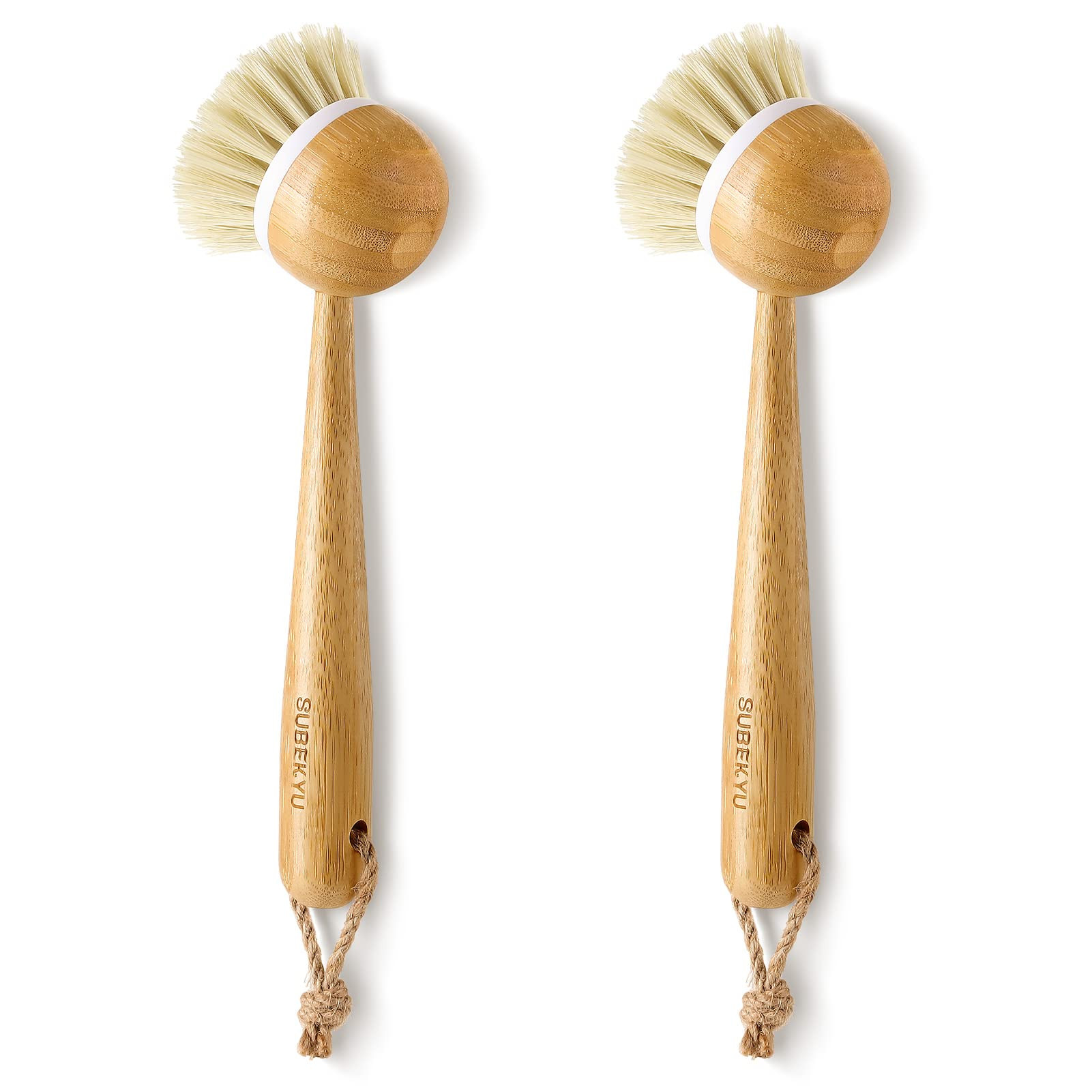 SUBEKYU Dish Brush with Handle, Natural Bamboo Dish Scrubber Brush, Kitchen Dishwashing Brush for... | Amazon (US)