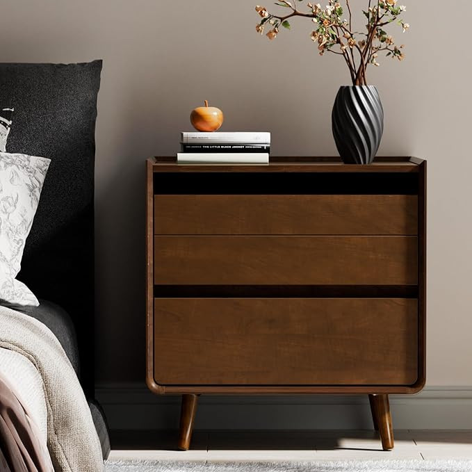 25.43" Walnut Finish Nightstand with Charging Station Mid Century Modern Night Stand with Leg Woo... | Amazon (US)