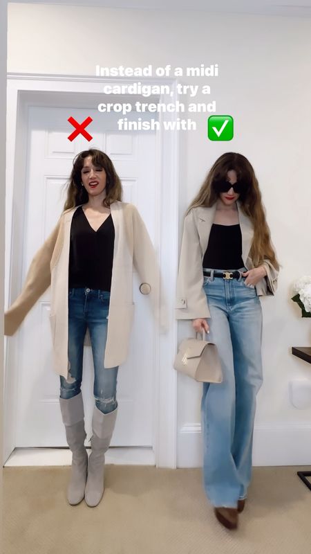 1. ⭐️Top- Wrap tops with busy wrist thingies are pretty but not very functional. A clean,modern look is with a square neck and fitted if you’re gonna wear bigger jeans. 2. 🙈Jeans- I’m a fan of skinny jeans but the ones on the left feel dated because of the distressed finish mixed with the low-rise. I also love wide leg jeans and these are baggy enough to feel trendy but don’t overwhelm my frame. Especially when paired with sleeker booties. 3. The boots- I haven’t worn the pair on the left since 2018 but have a soft spot for them. 😂 it’s no secret I love my @inez suede platform booties that make me super tall and can walk for hours in them! 15% off with code ziba15 sitewide❤️ 4. The only item that’s on the trendier side here is the cropped trench. An item I’ve considered for a couple of months by fashion hacking existing blazers into cropped ones. I love the flowy vibe of this one, and feel it will be a classic, like trenches are. 5. Finally, my @demellierlondon is the perfect bag to make any look classic, and timeless! You can wear the midi Montreal as a crossbody or clutch! Obsessed 👜 When thinking about outdated vs updated outfits, it’s important to look at all the pieces together. 

#LTKVideo #LTKSeasonal #LTKstyletip